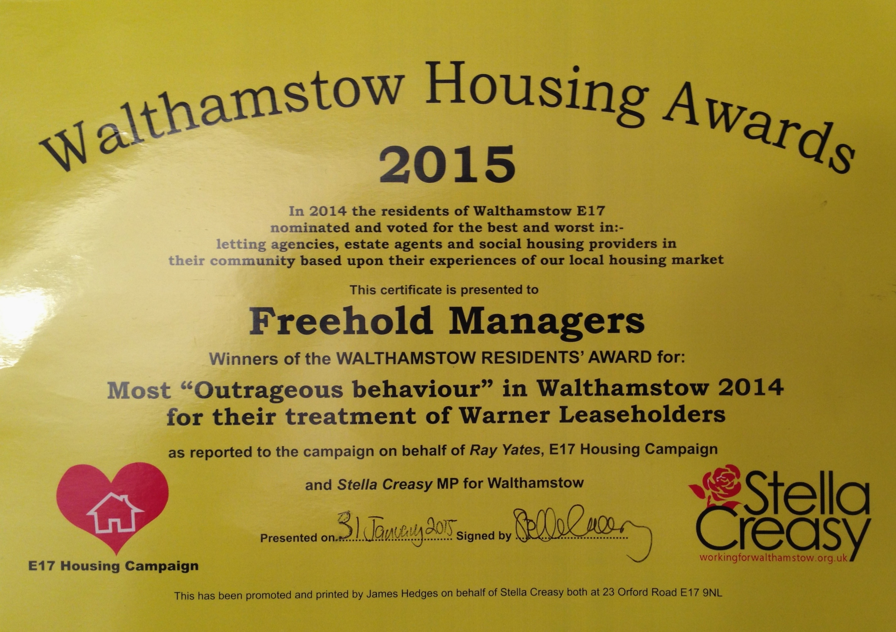 Walthamstow Housing Award to Freehold Managers